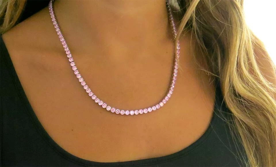 女士 18k 镀白金粉色 CZ 4 毫米圆形切割网球项链 - 18 — 第 2/2 张图片