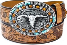 Cowboy-Leather-Belts for Women Turquoise-Oval-Buckle Embossed Cowgirl Belt