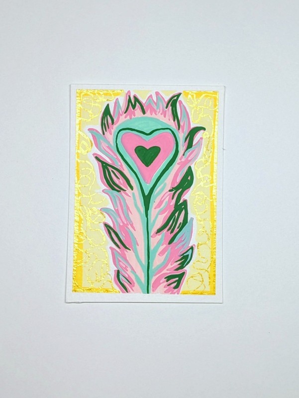aceo acrylic feather green, yellow, pink with metallic detail  marisas_endeavors