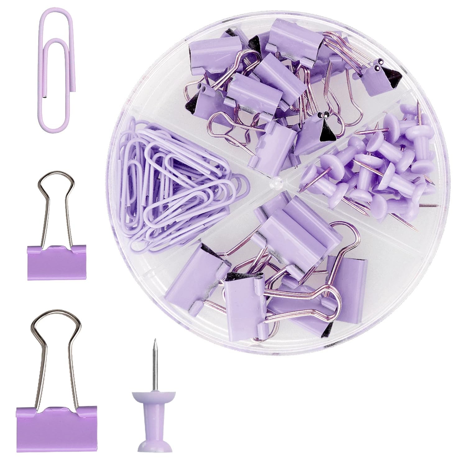 Rumyve 72PCS Binder Clips and Push Pins Set - Office Supplies Large, Purple