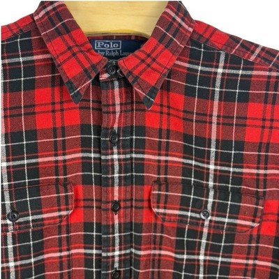 Vintage Polo Ralph Lauren Button-Up Flannel Shirt Men L Red Black Buffalo Plaid