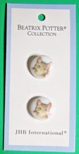 (2)Vtg JHB 5/8" BEATRIX POTTER MISS MOPPET CAT PLASTIC SHANK BUTTONS NOS CARD-J8