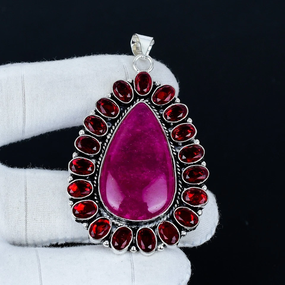 Ruby Lab Created & Garnet Gemstone Pendant 925 Sterling Silver Jewelry For Gifts - Image 2 of 4