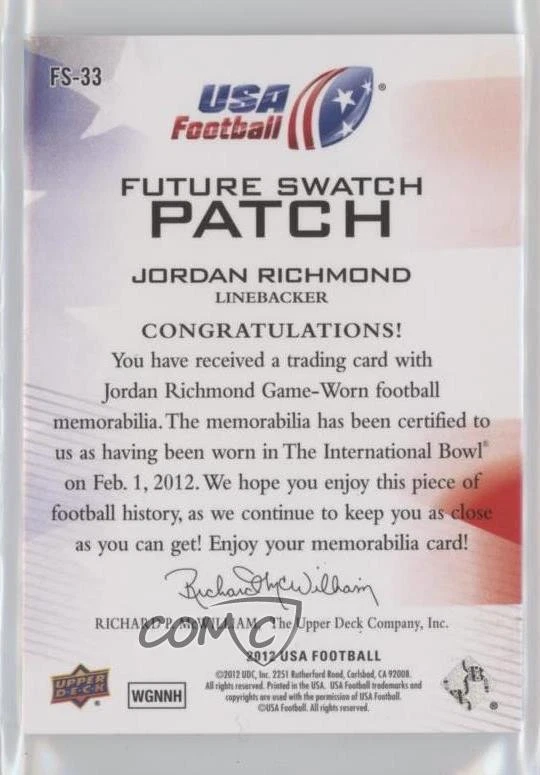 2012 Upper Deck USA Football Box Set Future Swatch Jersey Jordan Richmond Patch - Image 2 of 2