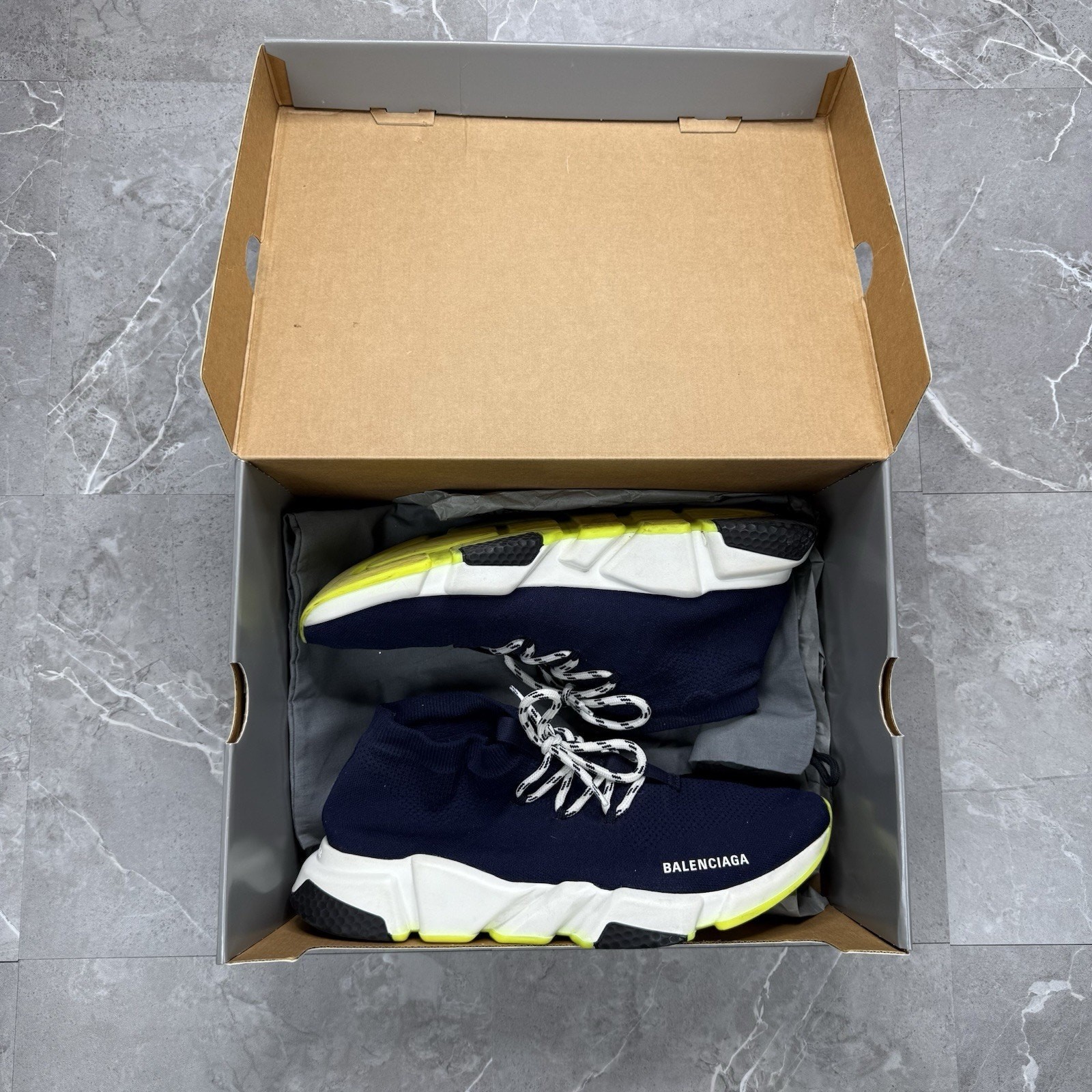 Balenciaga Speed Lace Up Navy White Neon Yellow Sneakers Men’s 13 thumbnail 10