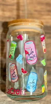 LaCroix Bubbly Sparkling Water Drink GLASS CUP WITH LID & GLASS STRAW Promo Item