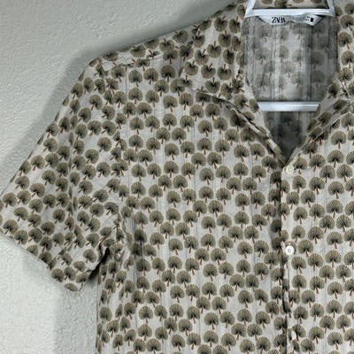 Zara Shirt Mens M Short Sleeve Camp Collar Button Up Fan Print Beige Lightweight