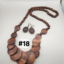 Chunky Wood Bead Statement Necklace Set Artisan Boho Jewelry Natural Earth Tone