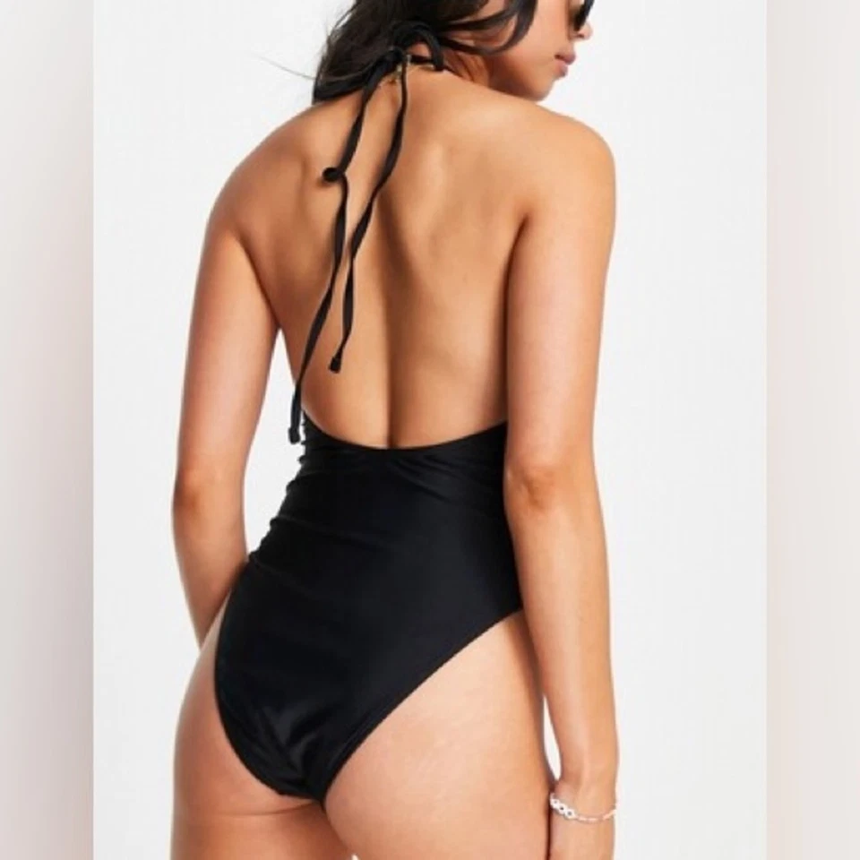 Traje de baño 4th & Reckless para mujer M negro nuevo con etiquetas halter espalda abierta minimalista de una pieza Foto 2 de 4