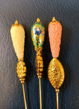 THREE 8" Tear Drops Topped Victorian Styled Hat Pins