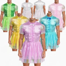 Men's Maid Cosplay Dress Puff Sleeve Bow Sparkly Puffy Sissy Crossdress Costume