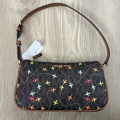 NWT MICHAEL KORS JET SET BROWN MULTI EAST WEST AIRPLANE PRINT POUCHETTE BAG