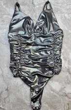 Grunge Womens Sz M Bodysuit Sliver Metallic Ruching Adjustable Straps Gothic Emo