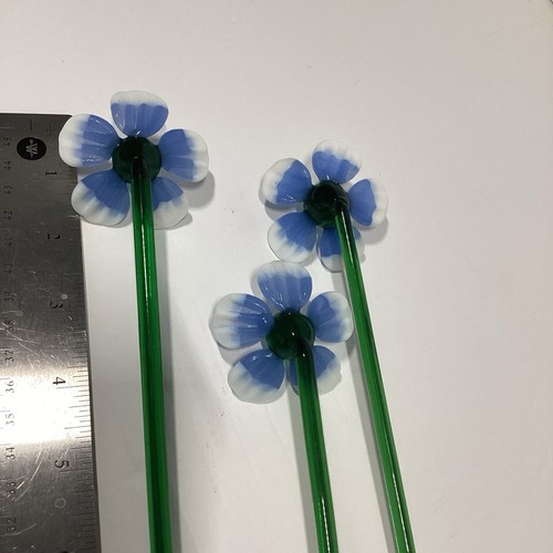 3 Vintage Hand Blown Art Glass Murano Blue White Shaded Flowers Green Stem 10.5” - Picture 10 of 11