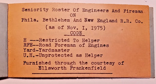 1971 Roster Engineers & Fireman/Philadelphia Bethlehem New England Railroad Co.