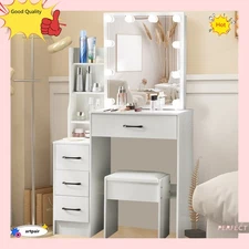 Vanity Table w/ 10 Led Lights Mirror Drawer Stool Makeup Desk Dressing Table Set