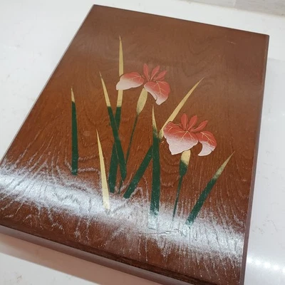 Japanese Iris Wood Lacquer Box Mid Century Modern MCM Painted Flower 2 piece - Image 1 of 4