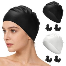 Silicone Swim Cap Set with Waterproof Earplugs, 9.1 x 7.9"  2 Set  White/Black