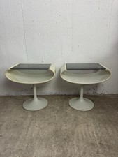 2x Space Age Nachttisch / Beistelltisch Tulpenfuß 70er – Perlweiß & Glas 