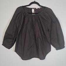 Everlane Women's Black Cotton Gathered Neck 3/4 Sleeve Tie Back Top Size 2