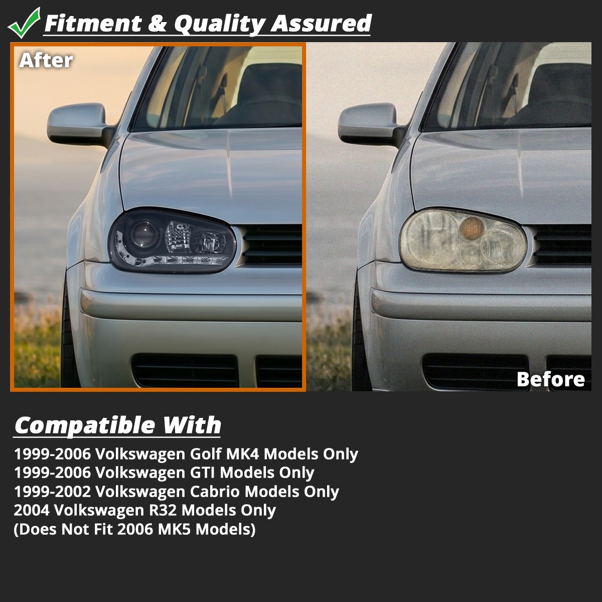 Black Fits 1999-2006 Volkswagen Golf MK4 LED Strip Projector