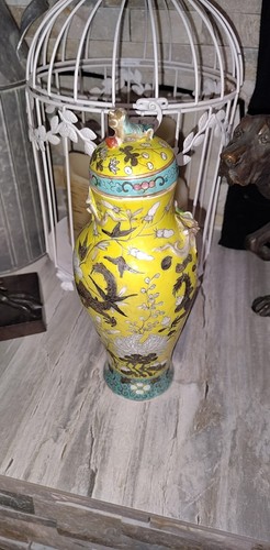 19th Chinese yellow ground enamel famille rose gilt Dragon Small vase Urn Style - Picture 14 of 24