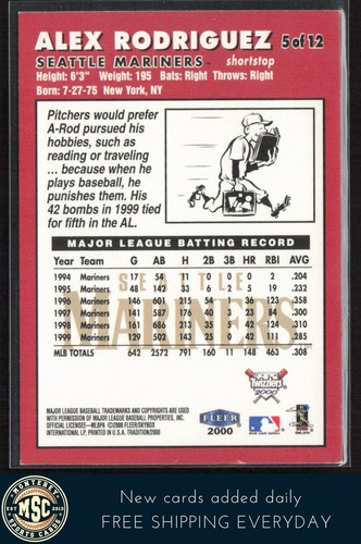 Alex Rodriguez 2000 Fleer Twizzlers #5 casi nuevo-como nuevo o mejor Seattle Mariners - Imagen 2 de 2