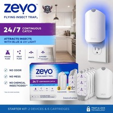 Zevo Flying Insect Trap Plug-In Kit 2 Devices 6 Cartridges UV Bug Trap NEW