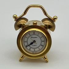 Quartex Miniature Desk Clock Gold Tone Japan Movement Collectible Brass Bell