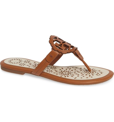 NIB Tory Burch Miller Leather Scallop Logo Flat Sandal Thong Tan/Cream Size 10 - Picture 6 of 6