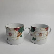 TWO Tienshan Magnolia Cups (NO SAUCERS) Red & Green Bands White Flowers