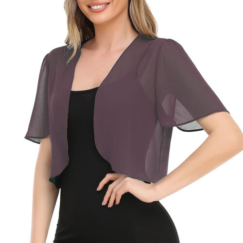 Women Chiffon Bolero Cardigan Open Front Sheer Shrug Jacket Cropped Tops Summer - Picture 18 of 28