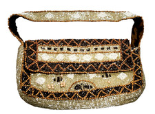90s CHRISTINIA Brown White OPALESCENT Sequin Beads Satin Interior Clutch Handbag