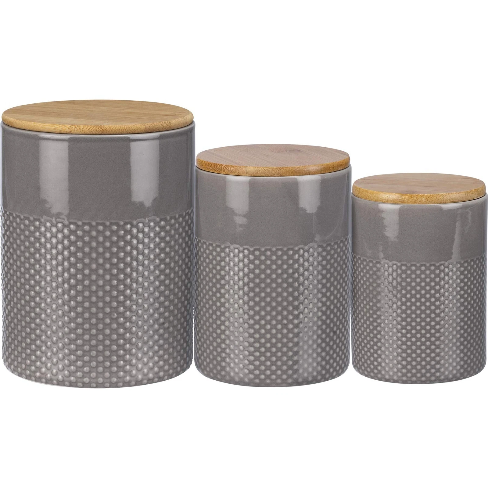 Canisters Set of 3 Gray Glaze Stoneware Wooden Lids 7", 6", 5.25"