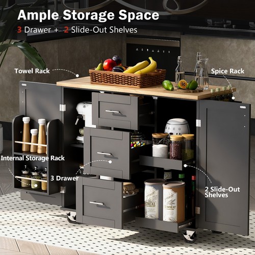 Isla de cocina enrollable con almacenamiento, carro de cocina 3 cajones 2 estantes deslizables - Imagen 33 de 37