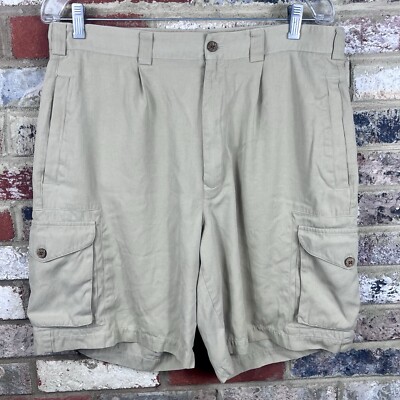 Paradise Collection Cargo Shorts Beige Khaki Tan 100% Silk Pleated Men's Size 34