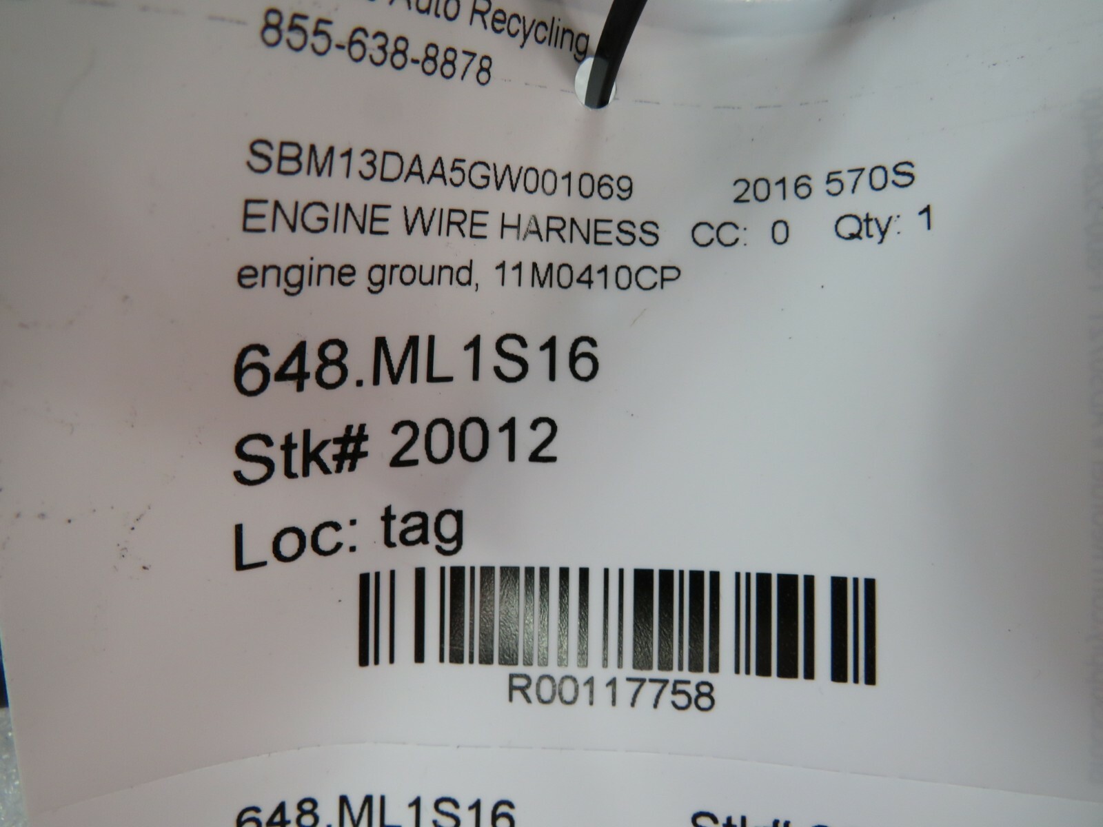 McLaren 570S, Engine Ground Wire Harness, Used, P/N 11M0410CP 