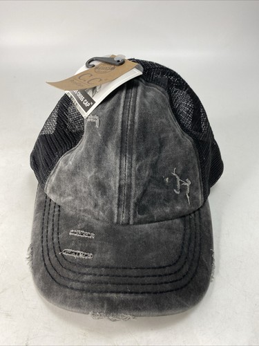 Distressed Washed Denim Criss Cross High Pony CC Ball Cap GREY, Ponytail Hats