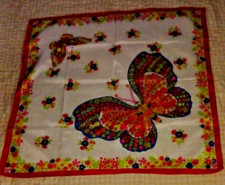 Vintage Hippy butterfly flowers multi colors orange white polyester scarf 26x26