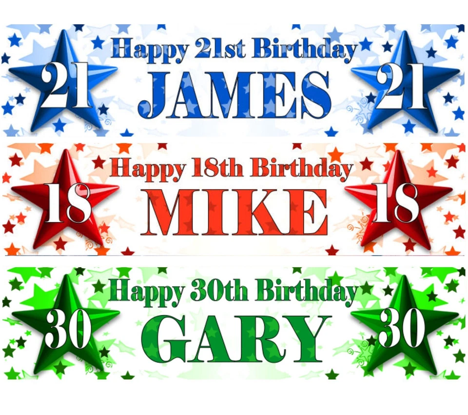 PERSONALISED BANNERS NAME AGE PHOTO BIRTHDAY PARTY BLUE GREEN RED DAD SON BOY A1