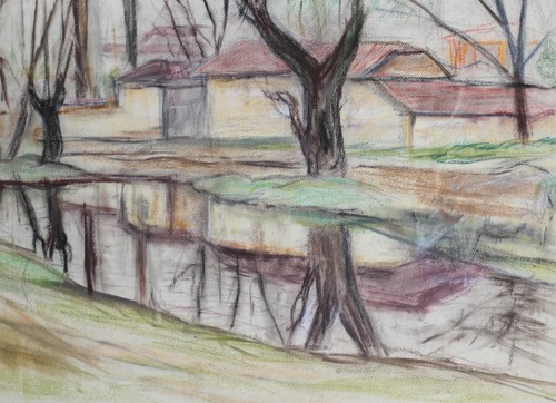 Dibujo pastel original vintage paisaje fluvial - Imagen 10 de 11