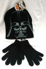 Disney Kid's Black with Darth Vader Face Knitted Beanie Hat+Black Knitted Gloves
