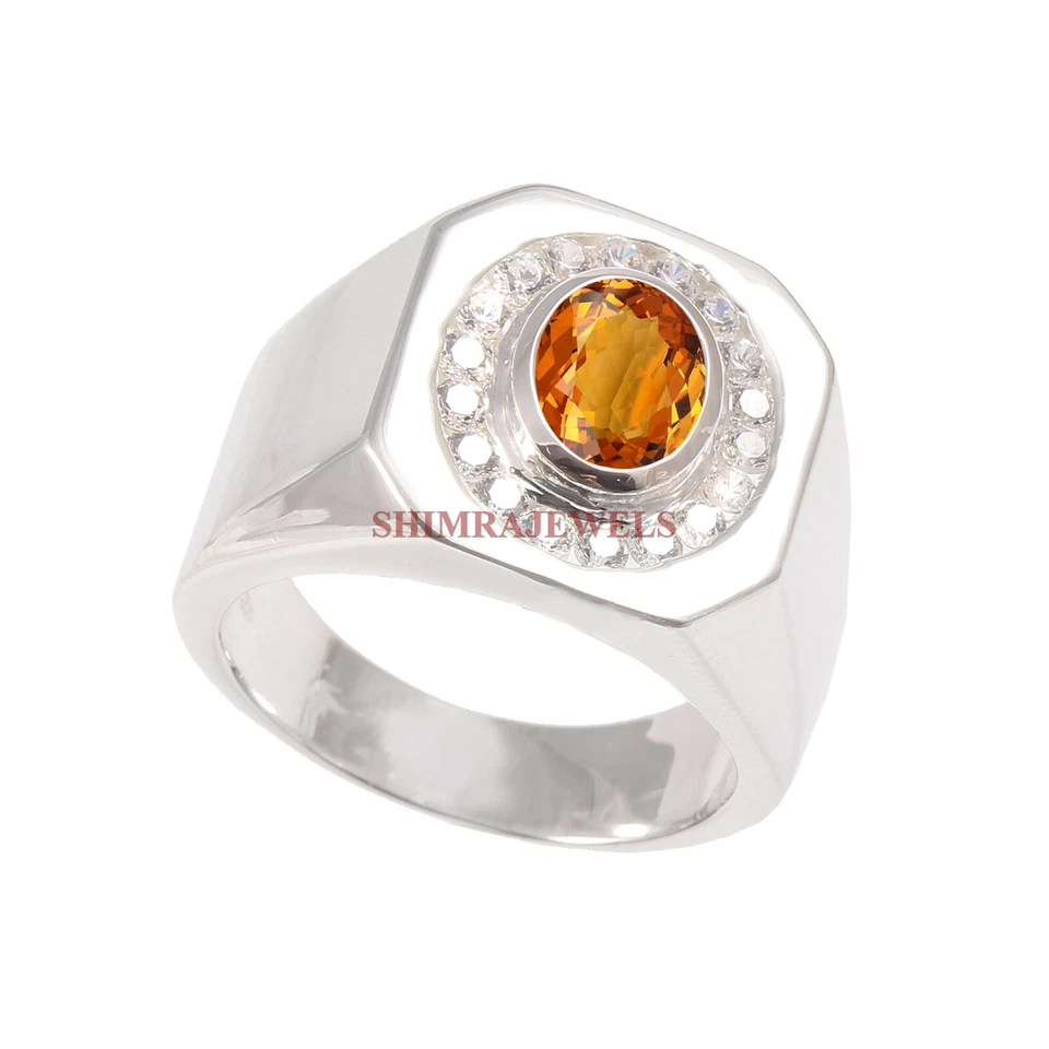 Anello In Argento Sterling 925 Con Gemma Citrina Naturale Per Uomo #130 - Immagine 2 di 3