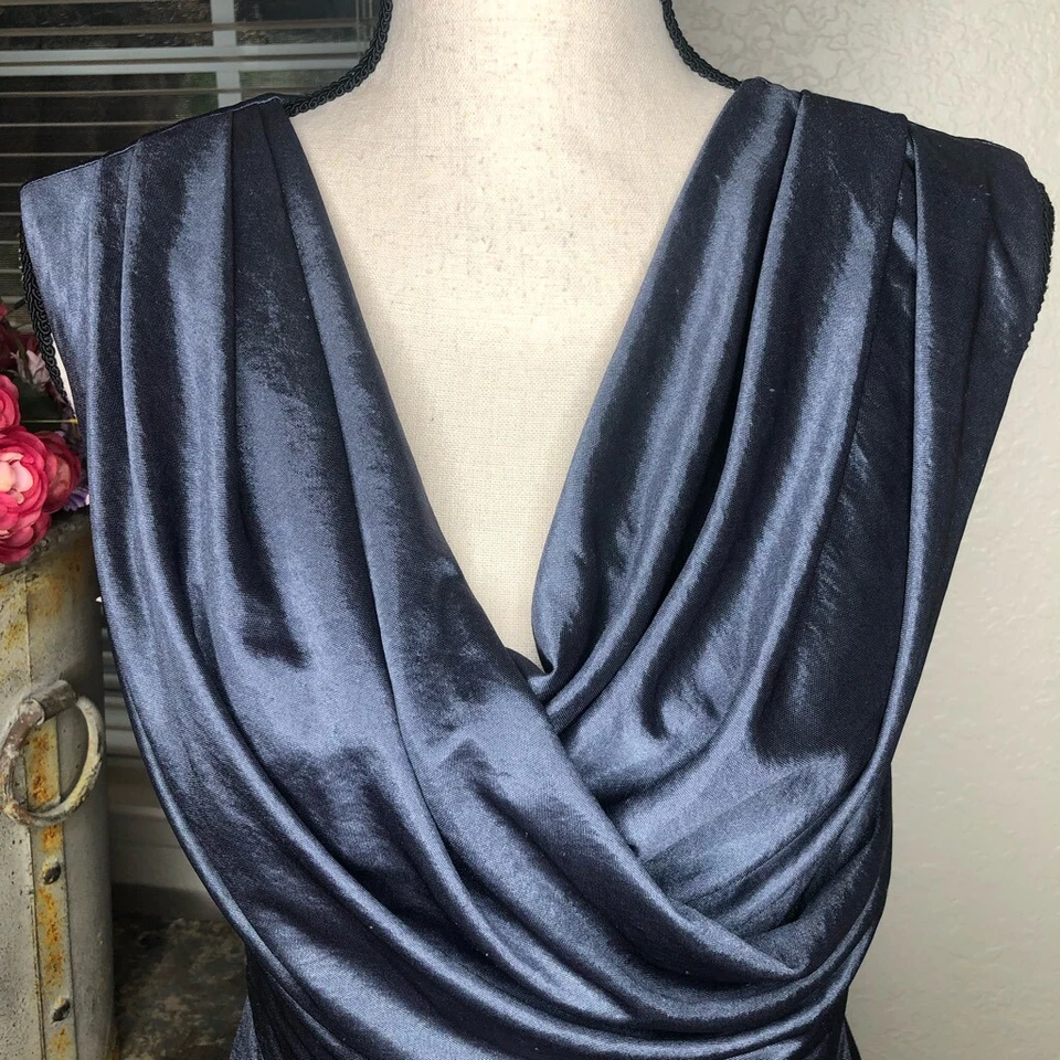 Suzi Chin For Maggy Boutique Steel Blue Drape Front Dress - Image 2 of 4