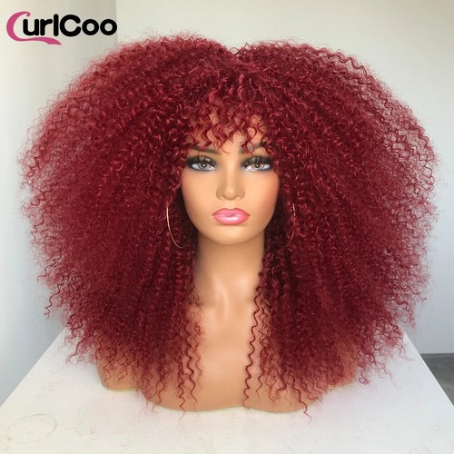 Brown Cosplay Short Kinky Curly Synthetic Wig With Bangs Fluffy Natural Wig