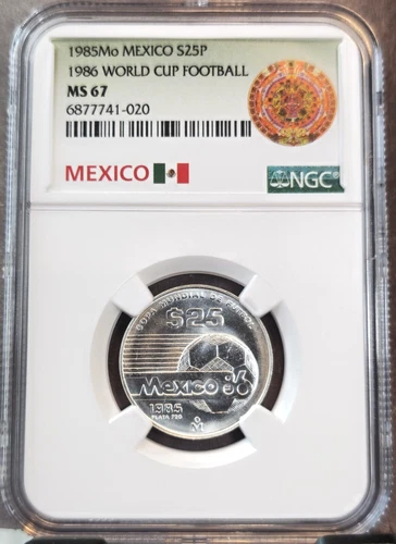 1985 MEXICO SILVER 25 PESOS S25P 1986 WORLD CUP FOOTBALL NGC MS 67 SCARCE GEM