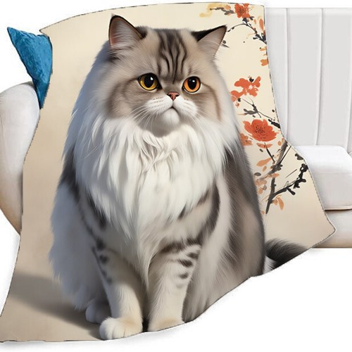 Cute Persian Cat Flower Comfy Flannel Bedspread Sofa Throw Blanket Holiday Gift - Picture 3 of 19