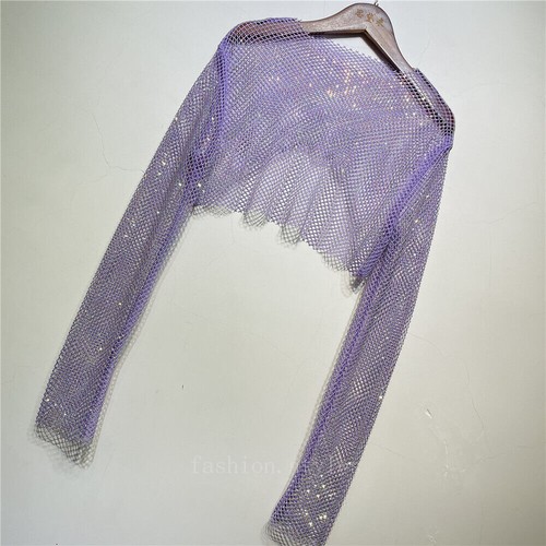 Lady Rhinestone Fishnet Mesh Crop Top Long Sleeve Half Shirt Sheer Cover Up Sexy - Picture 21 of 29