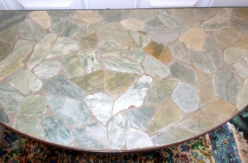 Vtg ROCK STONE MOSAIC CONSOLE Accent TABLE Demi Lune Wrought Iron Villa Garden - Picture 7 of 11