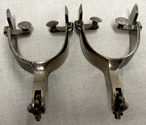 VINTAGE FLEMING ENGRAVED STERLING ON STEEL, WIDE BAND SPURS - Picture 10 of 14